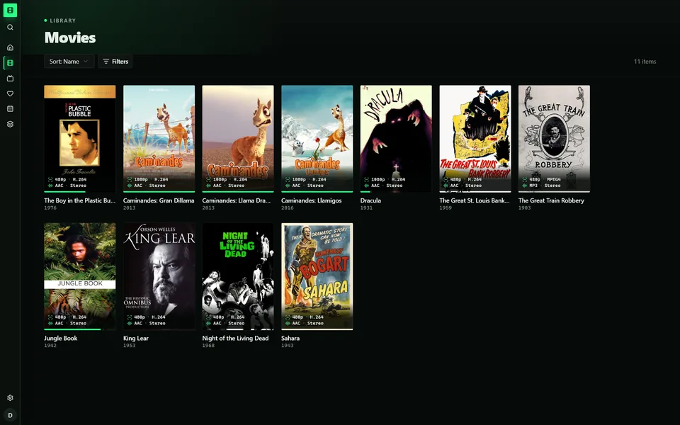 Movies library grid with sort and filters