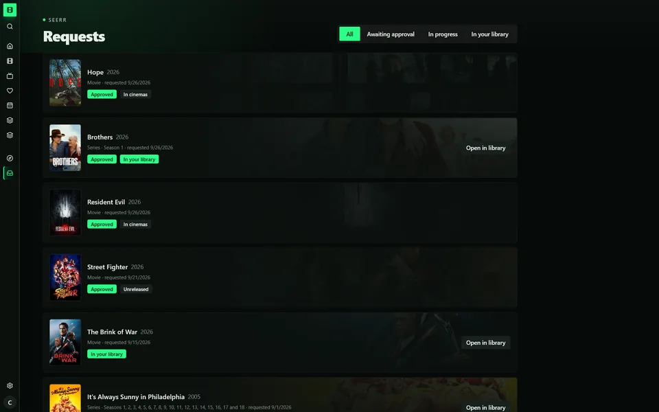 Seerr requests with their approval and download status
