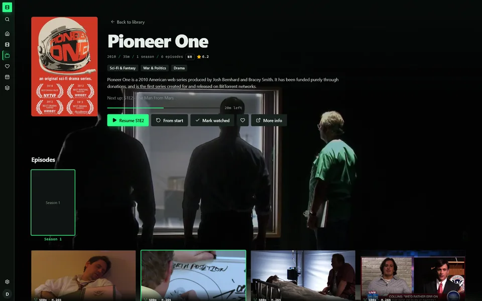Series page for Pioneer One with its next episode and season browser